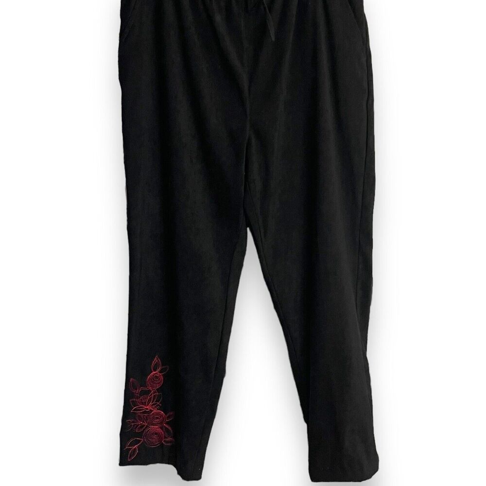 Erika Straight Leg Faux Suede Pants Women's L Black Floral Embroidery Casual VTG
